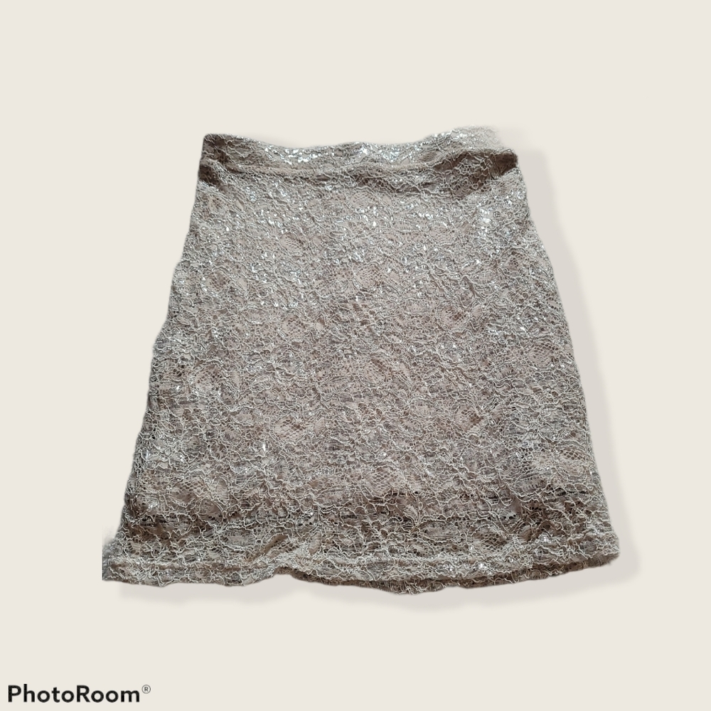 H&M Skirt Tan Silver Lace Lined Zip Back Small
